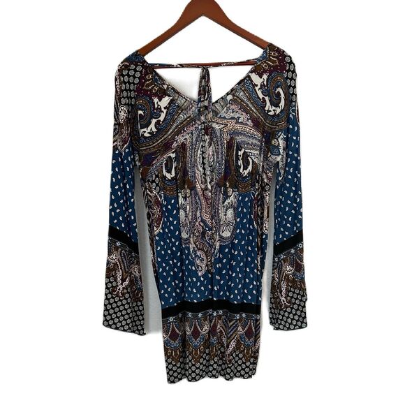 Velzera Mini Dress Women M Blue Multi Paisley TieBack Boho Peasant Gypsy Cottage - Picture 2 of 16